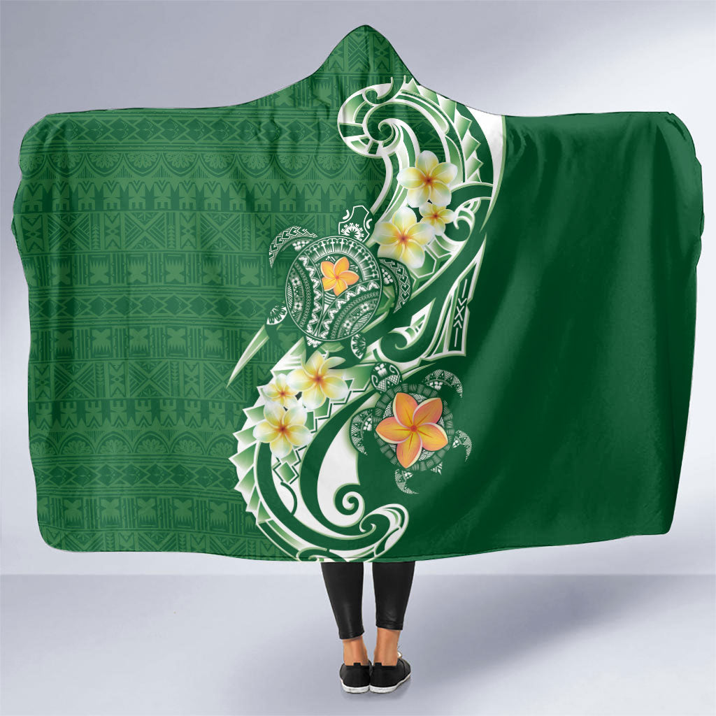 Bula Fiji Tapa Turtle Hooded Blanket Plumeria Fijian Masi Vonu Green LT14 One Size Green - Polynesian Pride