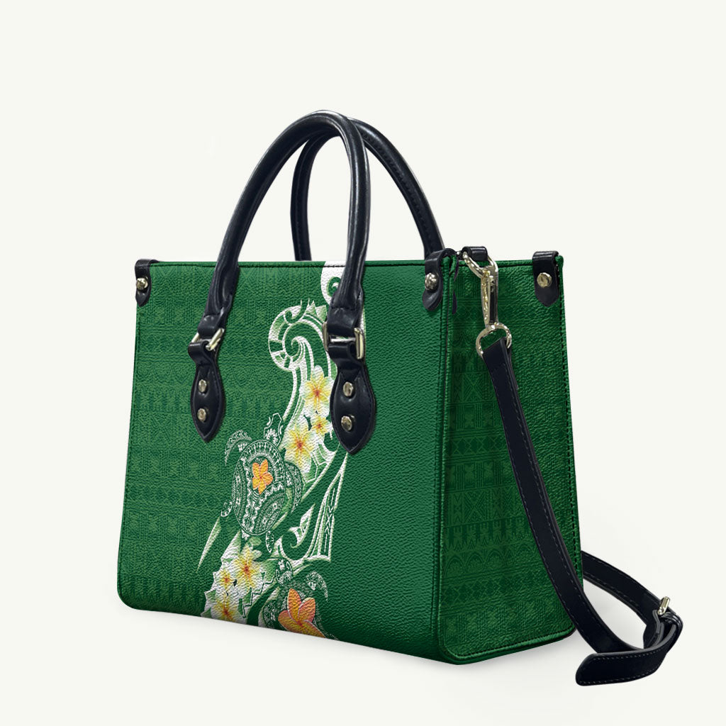 Bula Fiji Tapa Turtle Leather Bag Plumeria Fijian Masi Vonu Green LT14 Green - Polynesian Pride