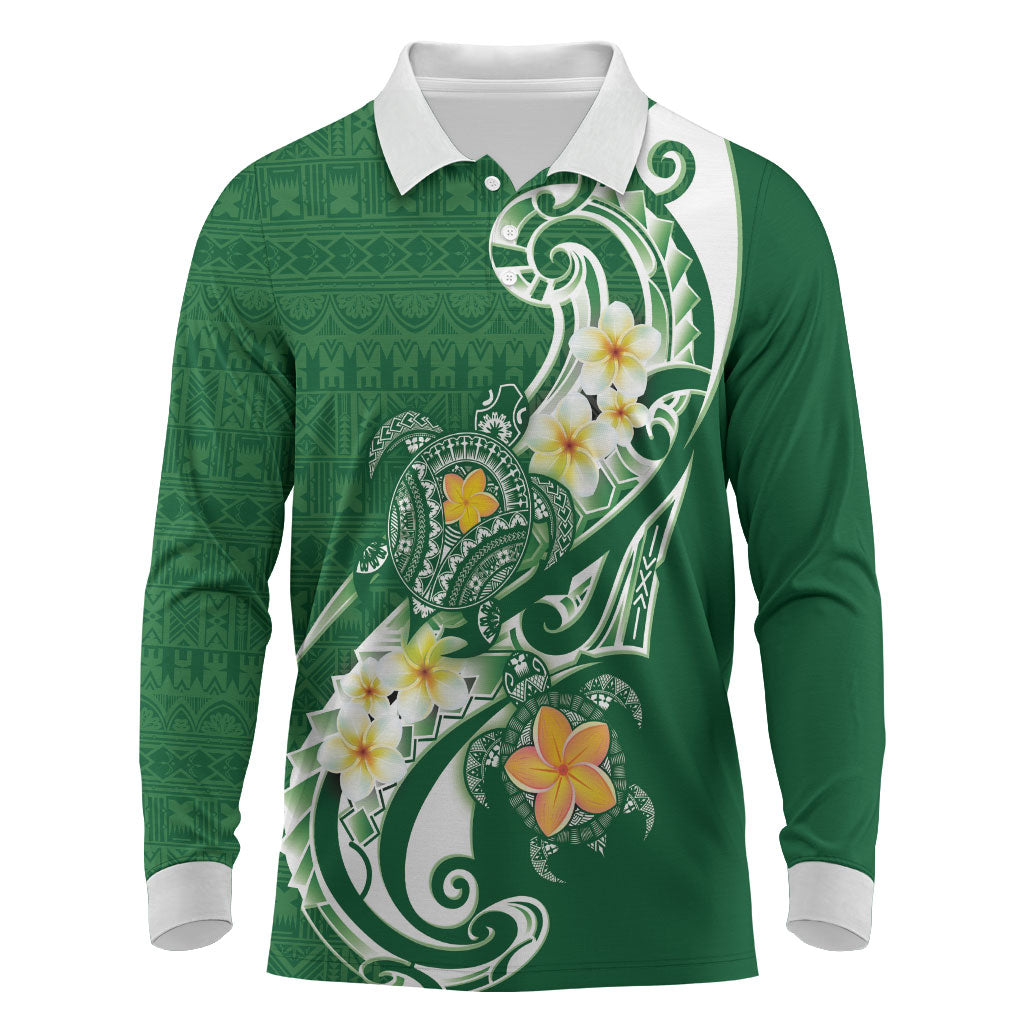 Bula Fiji Tapa Turtle Long Sleeve Polo Shirt Plumeria Fijian Masi Vonu Green