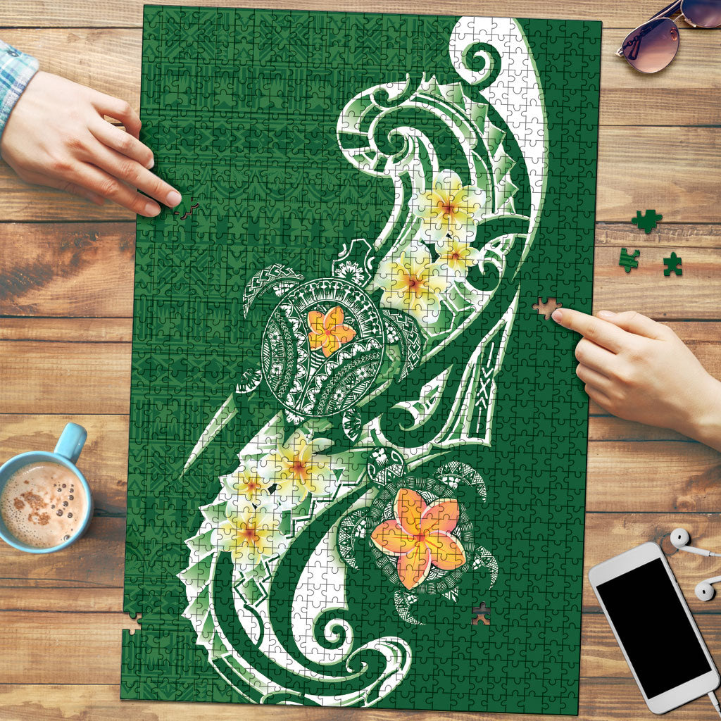 Bula Fiji Tapa Turtle Puzzle Plumeria Fijian Masi Vonu Green