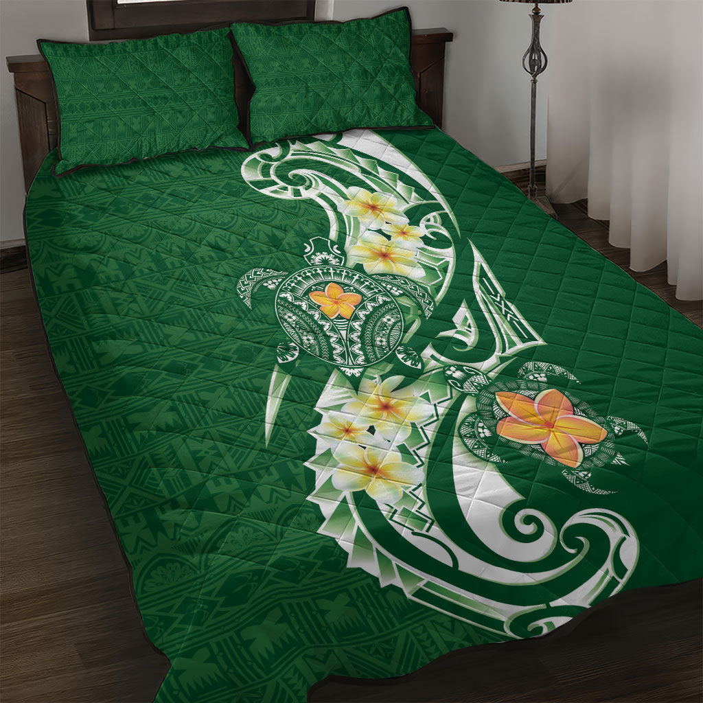 Bula Fiji Tapa Turtle Quilt Bed Set Plumeria Fijian Masi Vonu Green