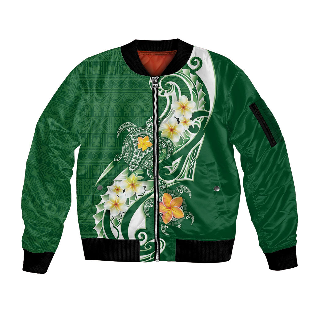 Bula Fiji Tapa Turtle Sleeve Zip Bomber Jacket Plumeria Fijian Masi Vonu Green