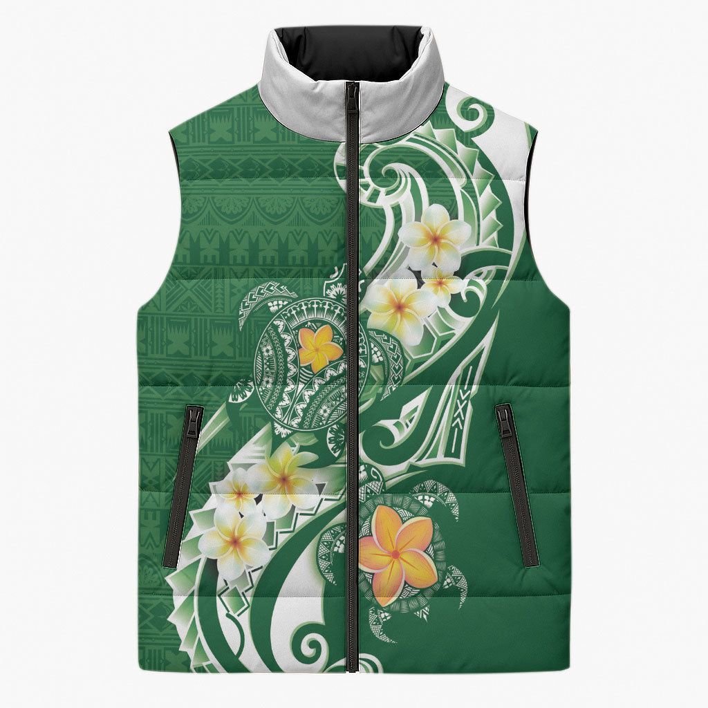 Bula Fiji Tapa Turtle Sleeveless Puffer Jacket Plumeria Fijian Masi Vonu Green