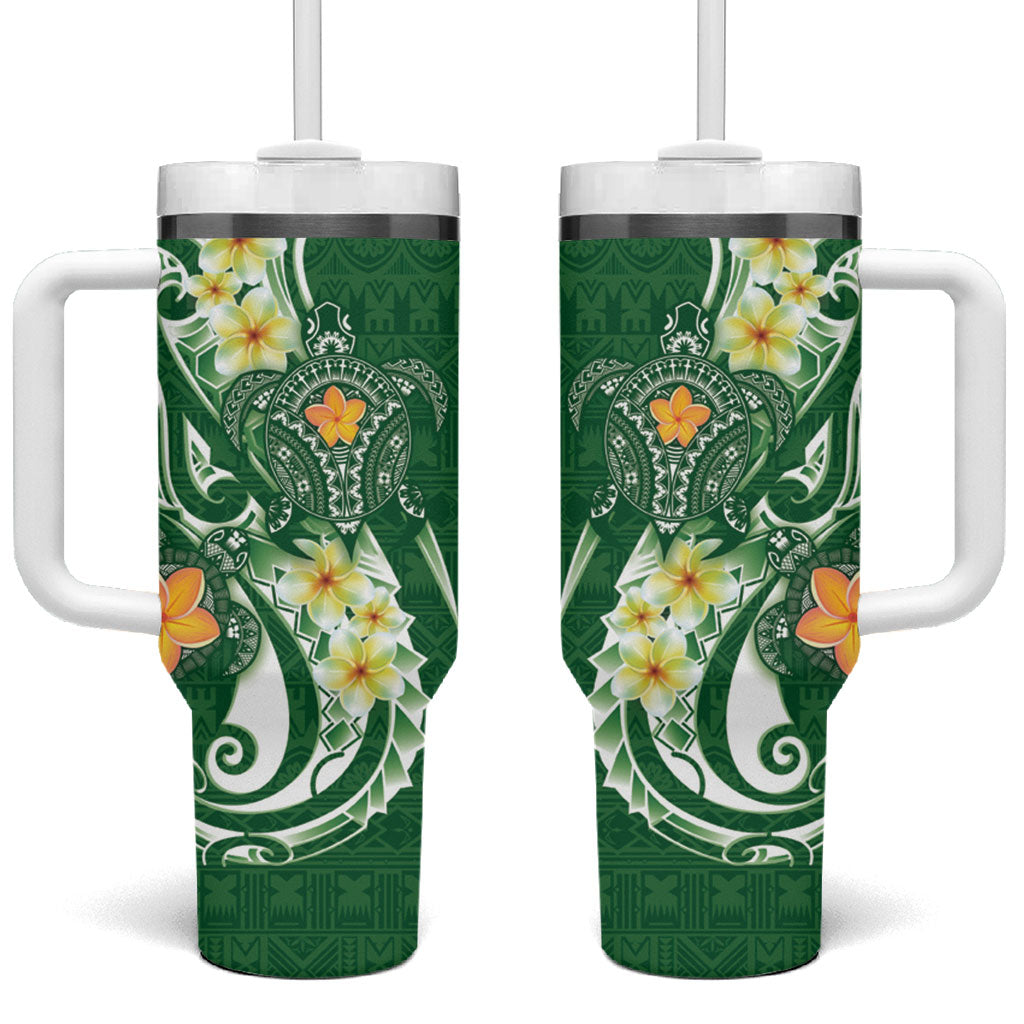 Bula Fiji Tapa Turtle Tumbler With Handle Plumeria Fijian Masi Vonu Green