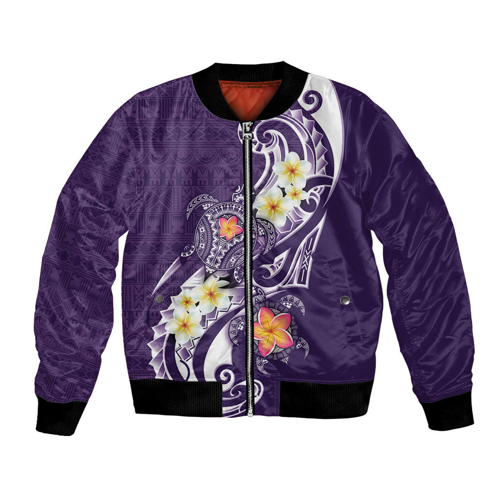 Bula Fiji Tapa Turtle Bomber Jacket Plumeria Fijian Masi Vonu Purple