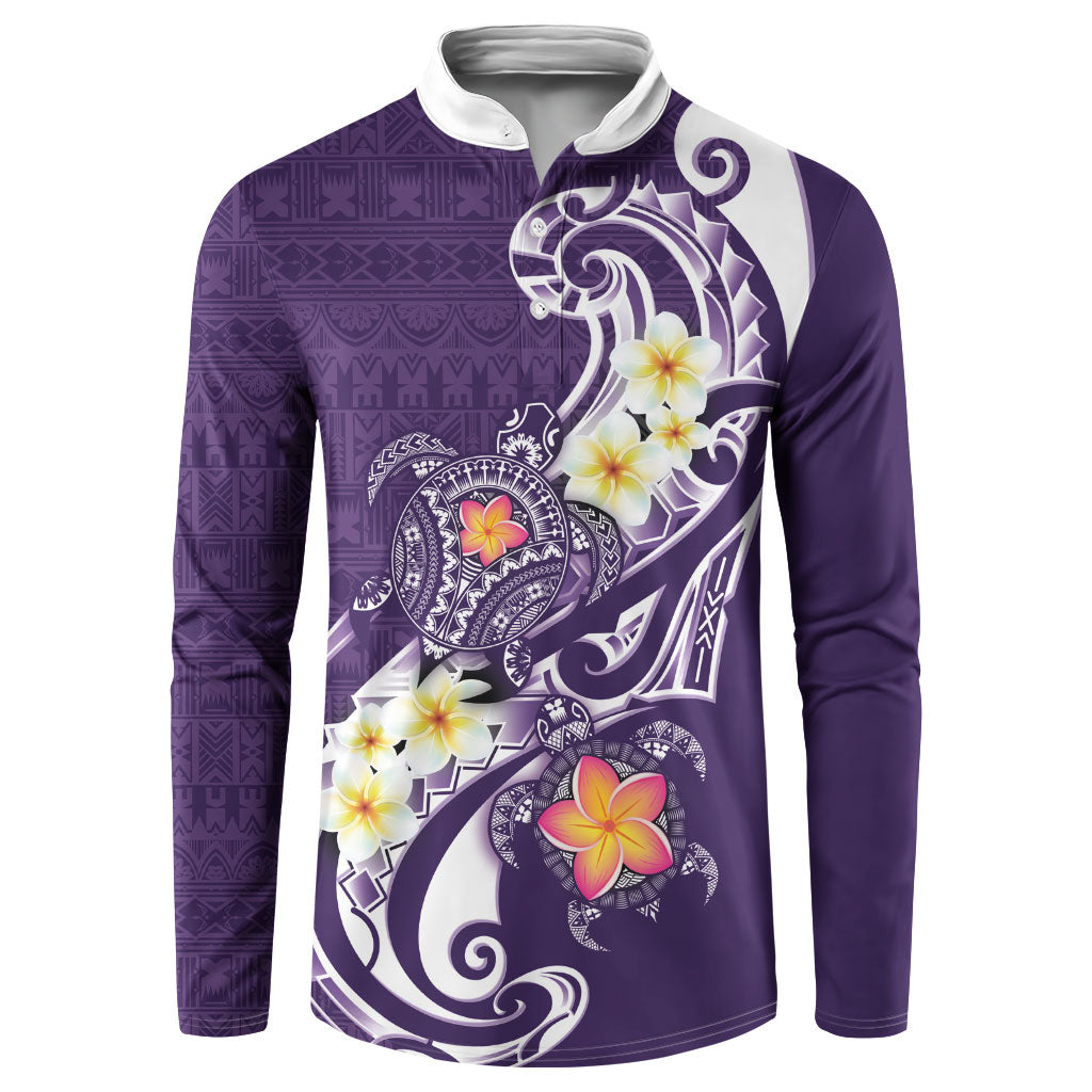 Bula Fiji Tapa Turtle Button Sweatshirt Plumeria Fijian Masi Vonu Purple