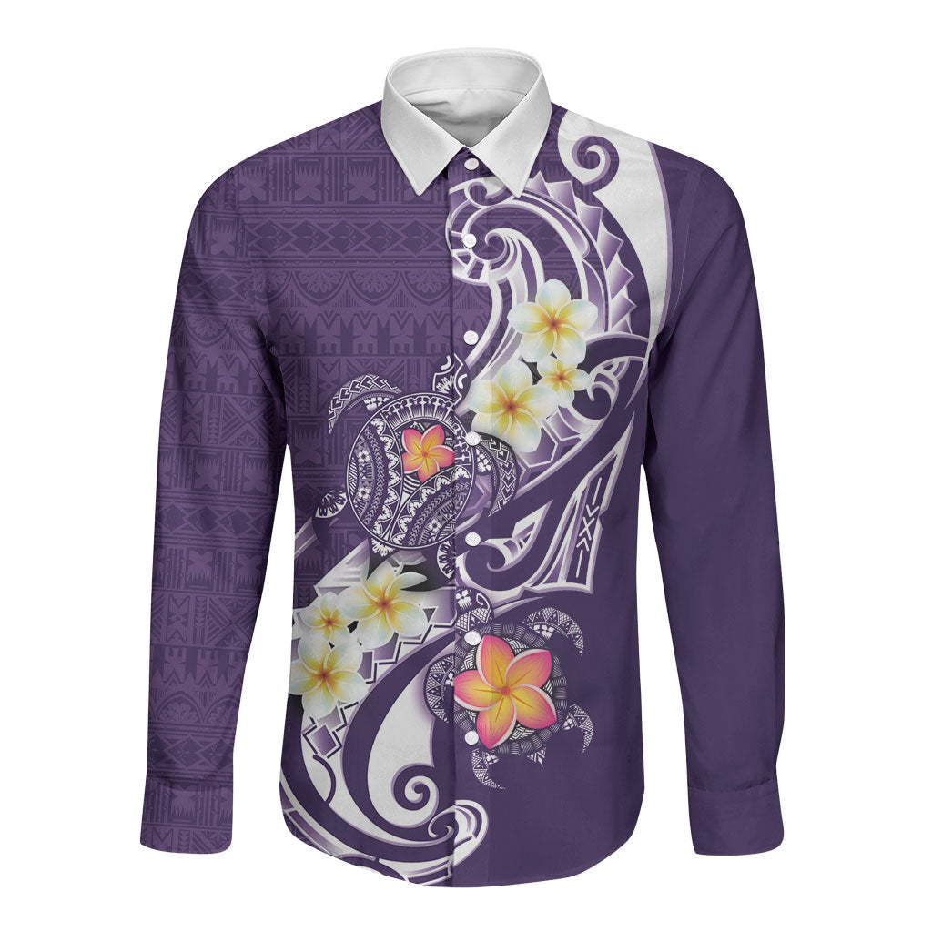 Bula Fiji Tapa Turtle Long Sleeve Button Shirt Plumeria Fijian Masi Vonu Purple