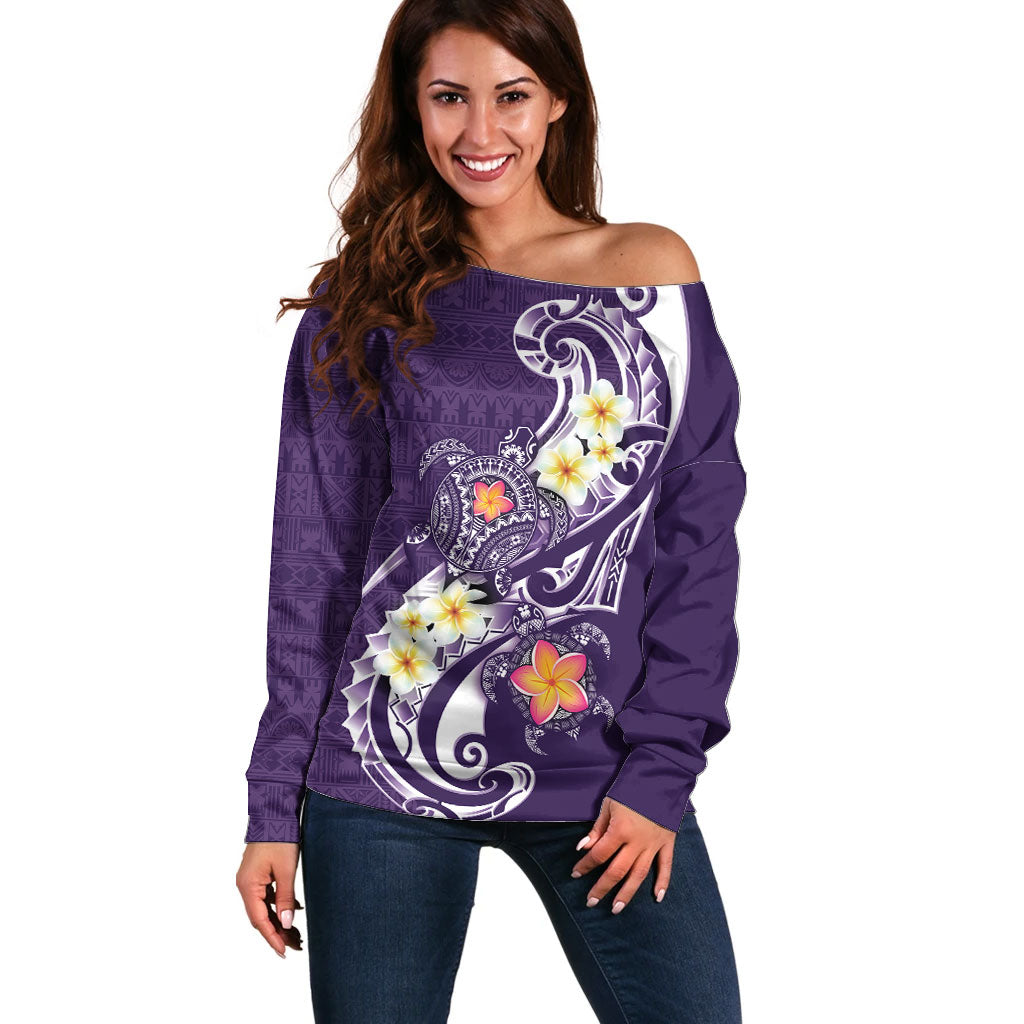 Bula Fiji Tapa Turtle Off Shoulder Sweater Plumeria Fijian Masi Vonu Purple