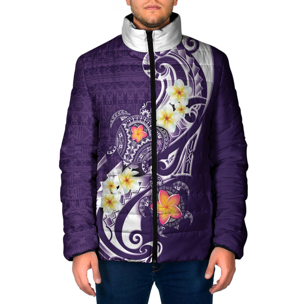 Bula Fiji Tapa Turtle Padded Jacket Plumeria Fijian Masi Vonu Purple