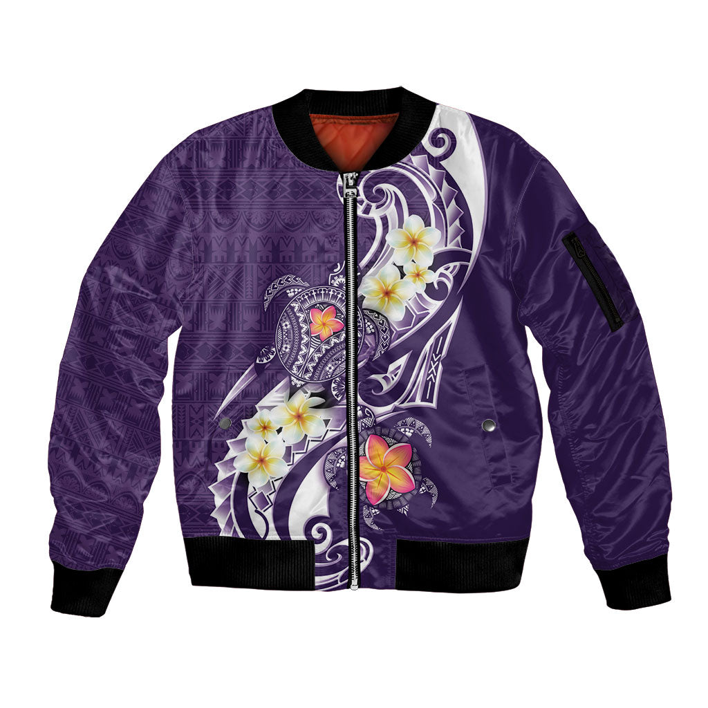 Bula Fiji Tapa Turtle Sleeve Zip Bomber Jacket Plumeria Fijian Masi Vonu Purple