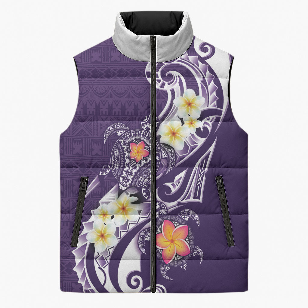 Bula Fiji Tapa Turtle Sleeveless Puffer Jacket Plumeria Fijian Masi Vonu Purple