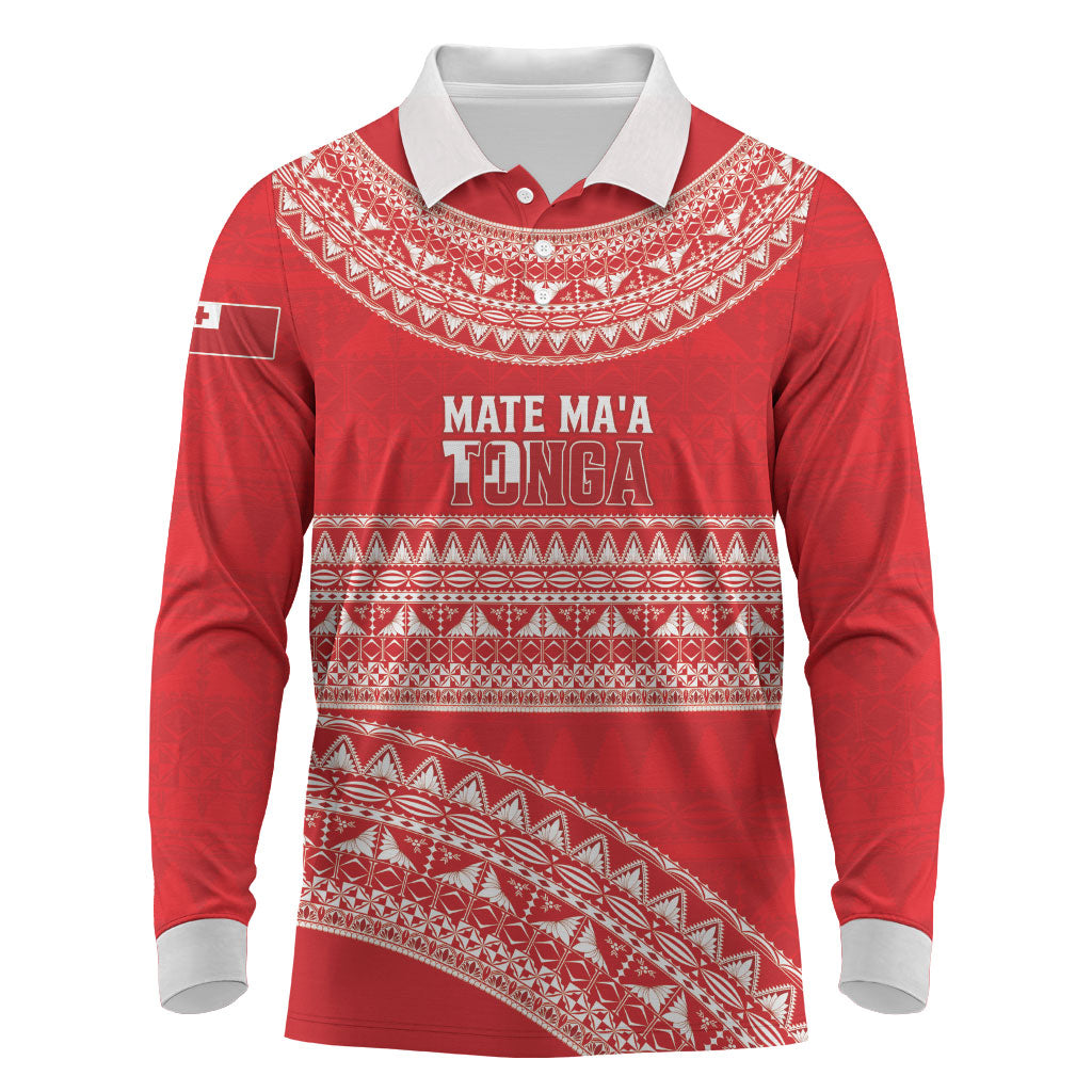 Mate Ma'a Tonga 2026 Rugby Custom Long Sleeve Polo Shirt Go Champions Tongan Ngatu Pattern LT14 Red - Polynesian Pride