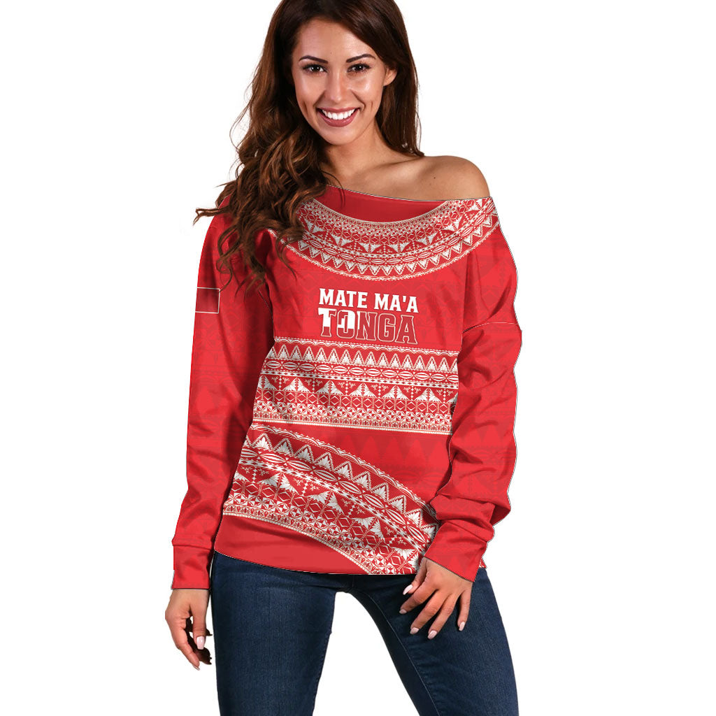 Mate Ma'a Tonga 2026 Rugby Custom Off Shoulder Sweater Go Champions Tongan Ngatu Pattern LT14 Women Red - Polynesian Pride