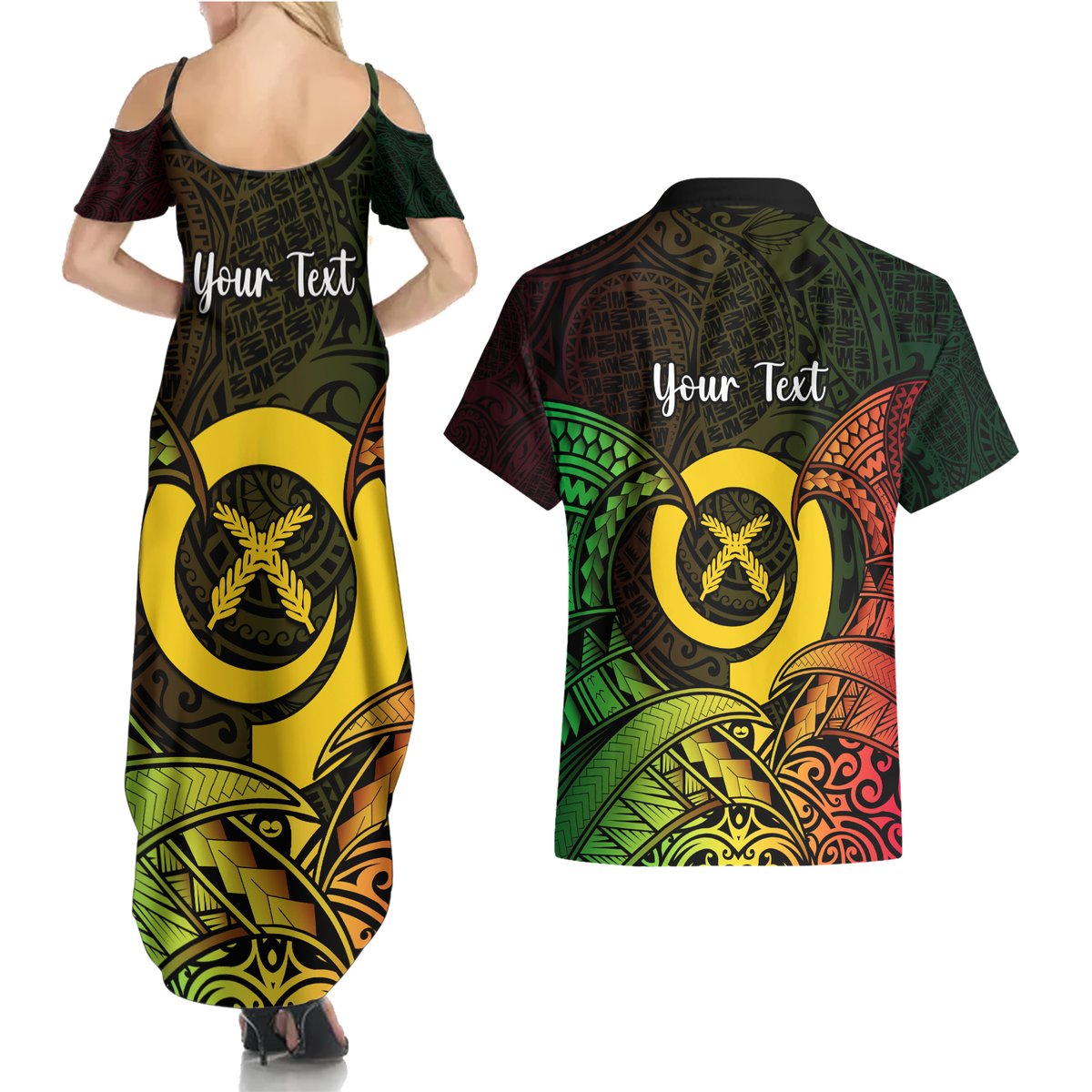 Personalised Vanuatu Family Day Couples Matching Summer Maxi Dress and Hawaiian Shirt Happy 26 December Vanuatuan Pig Tusk LT14 - Polynesian Pride