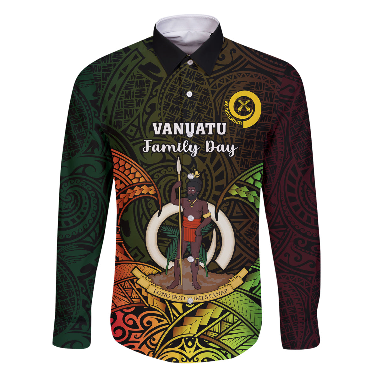 Personalised Vanuatu Family Day Family Matching Off Shoulder Long Sleeve Dress and Hawaiian Shirt Happy 26 December Vanuatuan Pig Tusk LT14 Dad's Shirt - Long Sleeve Black - Polynesian Pride