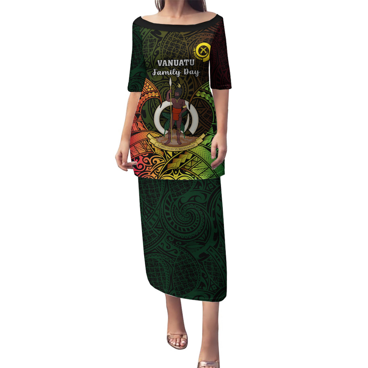 Personalised Vanuatu Family Day Family Matching Puletasi Dress and Hawaiian Shirt Happy 26 December Vanuatuan Pig Tusk LT14 Mom's Dress Black - Polynesian Pride