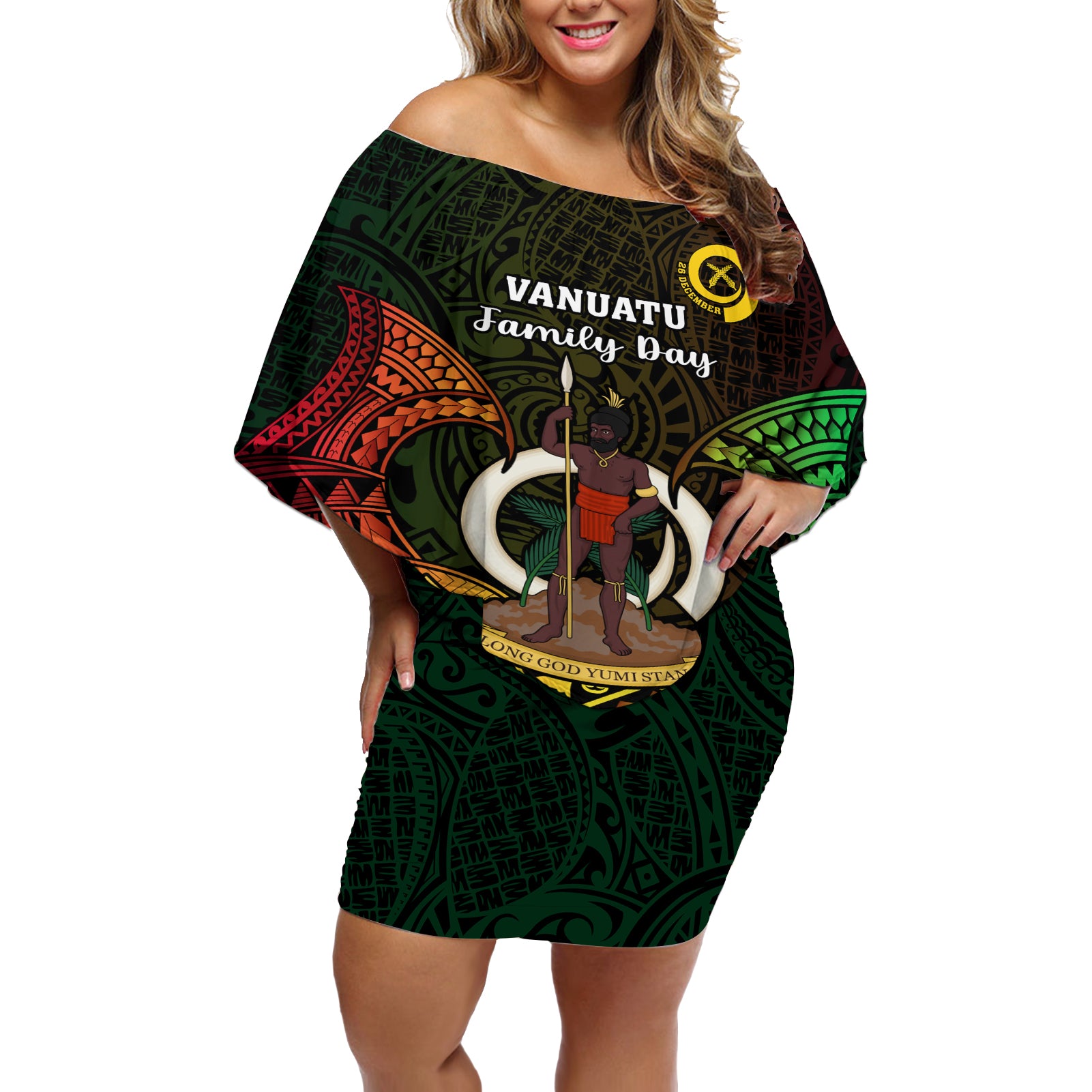 Personalised Vanuatu Family Day Off Shoulder Short Dress Happy 26 December Vanuatuan Pig Tusk LT14 Women Black - Polynesian Pride