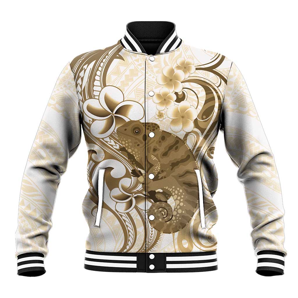 Brown And White Hawaii Chameleon Baseball Jacket Plumeria Polynesian Tribal Art