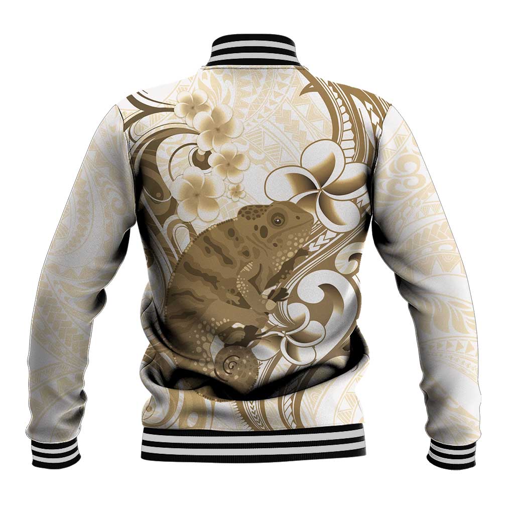 Brown And White Hawaii Chameleon Baseball Jacket Plumeria Polynesian Tribal Art