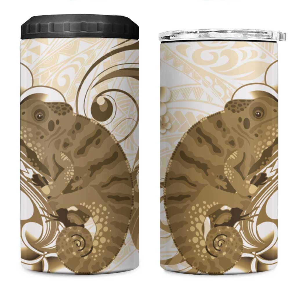 Brown And White Hawaii Chameleon 4 in 1 Can Cooler Tumbler Plumeria Polynesian Tribal Art