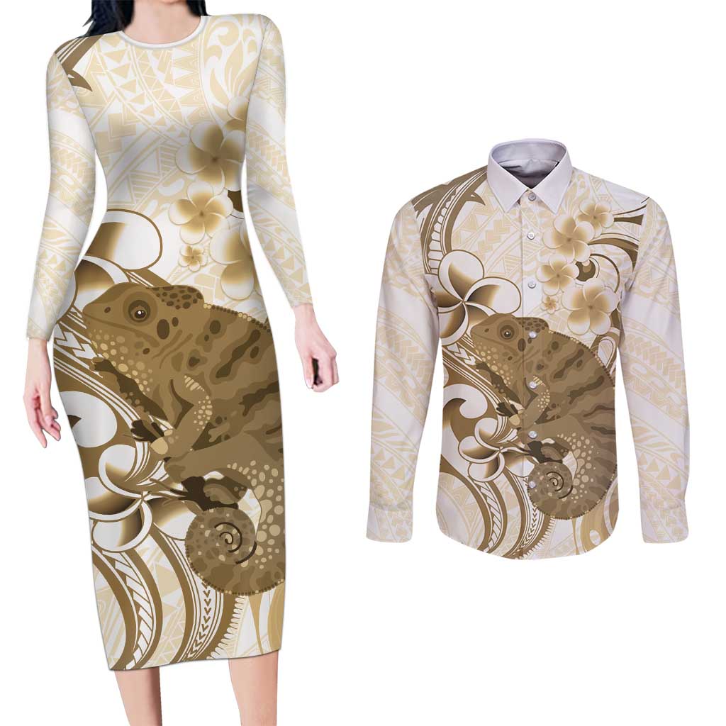 Brown And White Hawaii Chameleon Couples Matching Long Sleeve Bodycon Dress and Long Sleeve Button Shirt Plumeria Polynesian Tribal Art LT14 Brown - Polynesian Pride