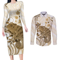 Brown And White Hawaii Chameleon Couples Matching Long Sleeve Bodycon Dress and Long Sleeve Button Shirt Plumeria Polynesian Tribal Art LT14 Brown - Polynesian Pride