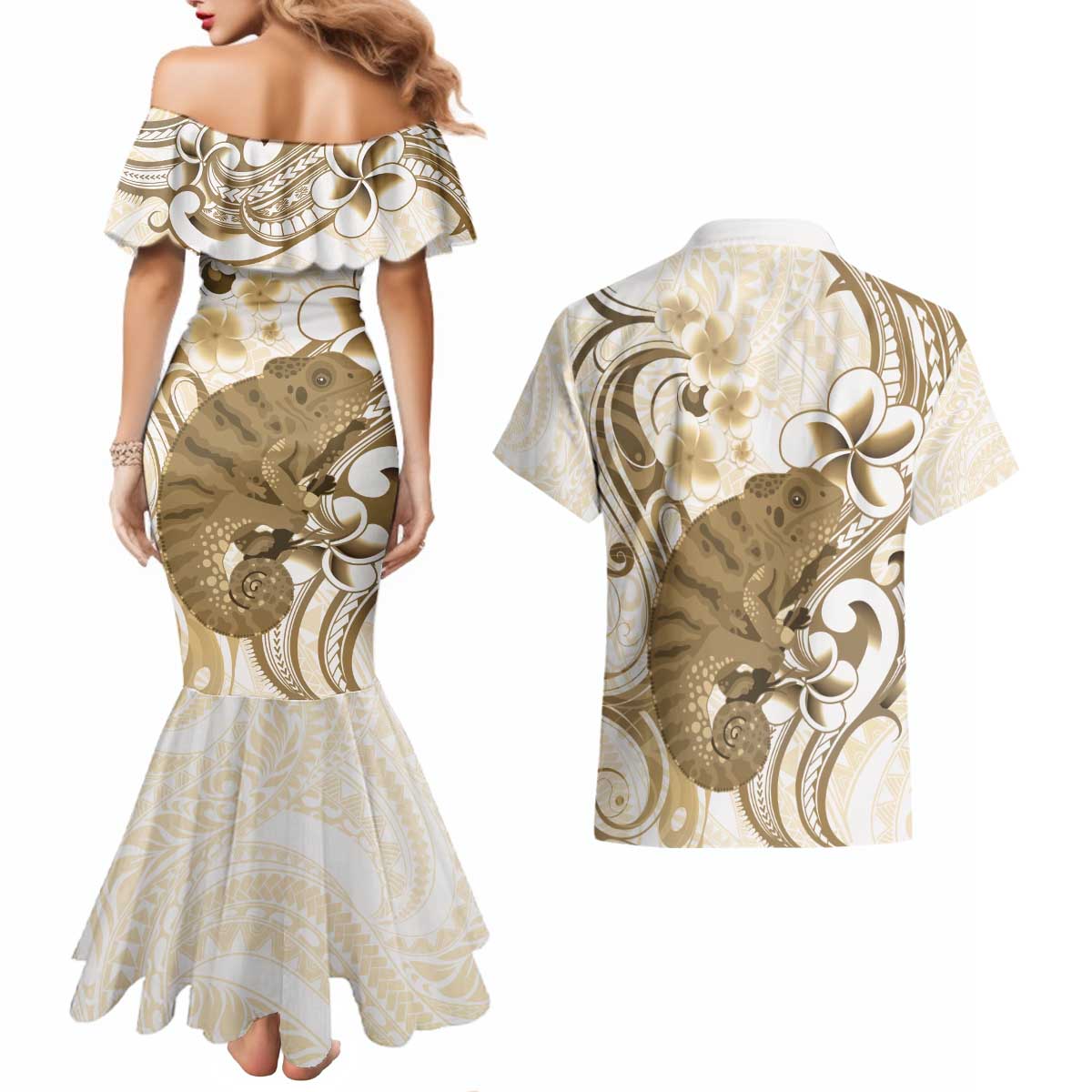 Brown And White Hawaii Chameleon Couples Matching Mermaid Dress and Hawaiian Shirt Plumeria Polynesian Tribal Art LT14 - Polynesian Pride