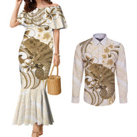 Brown And White Hawaii Chameleon Couples Matching Mermaid Dress and Long Sleeve Button Shirt Plumeria Polynesian Tribal Art LT14 Brown - Polynesian Pride