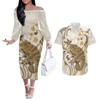 Brown And White Hawaii Chameleon Couples Matching Off The Shoulder Long Sleeve Dress and Hawaiian Shirt Plumeria Polynesian Tribal Art LT14 Brown - Polynesian Pride