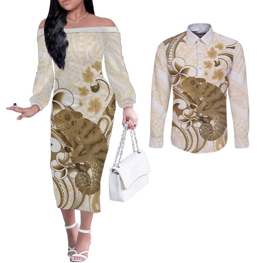 Brown And White Hawaii Chameleon Couples Matching Off The Shoulder Long Sleeve Dress and Long Sleeve Button Shirt Plumeria Polynesian Tribal Art LT14 Brown - Polynesian Pride