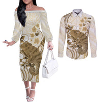 Brown And White Hawaii Chameleon Couples Matching Off The Shoulder Long Sleeve Dress and Long Sleeve Button Shirt Plumeria Polynesian Tribal Art LT14 Brown - Polynesian Pride