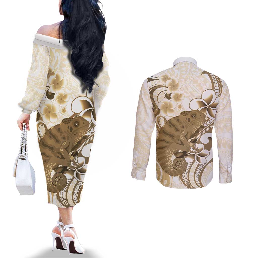 Brown And White Hawaii Chameleon Couples Matching Off The Shoulder Long Sleeve Dress and Long Sleeve Button Shirt Plumeria Polynesian Tribal Art LT14 - Polynesian Pride