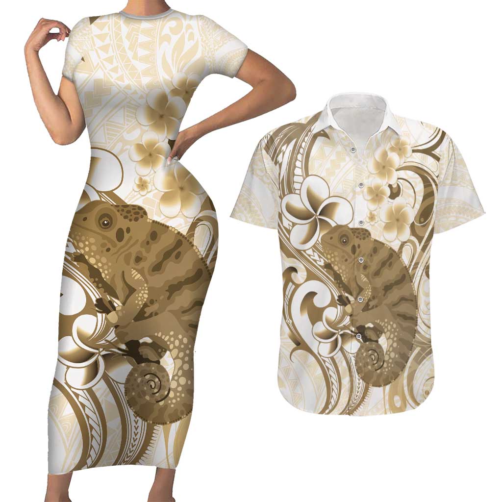 Brown And White Hawaii Chameleon Couples Matching Short Sleeve Bodycon Dress and Hawaiian Shirt Plumeria Polynesian Tribal Art