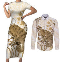 Brown And White Hawaii Chameleon Couples Matching Short Sleeve Bodycon Dress and Long Sleeve Button Shirt Plumeria Polynesian Tribal Art LT14 Brown - Polynesian Pride