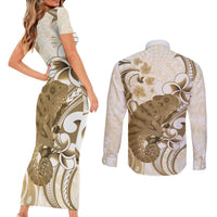 Brown And White Hawaii Chameleon Couples Matching Short Sleeve Bodycon Dress and Long Sleeve Button Shirt Plumeria Polynesian Tribal Art LT14 - Polynesian Pride