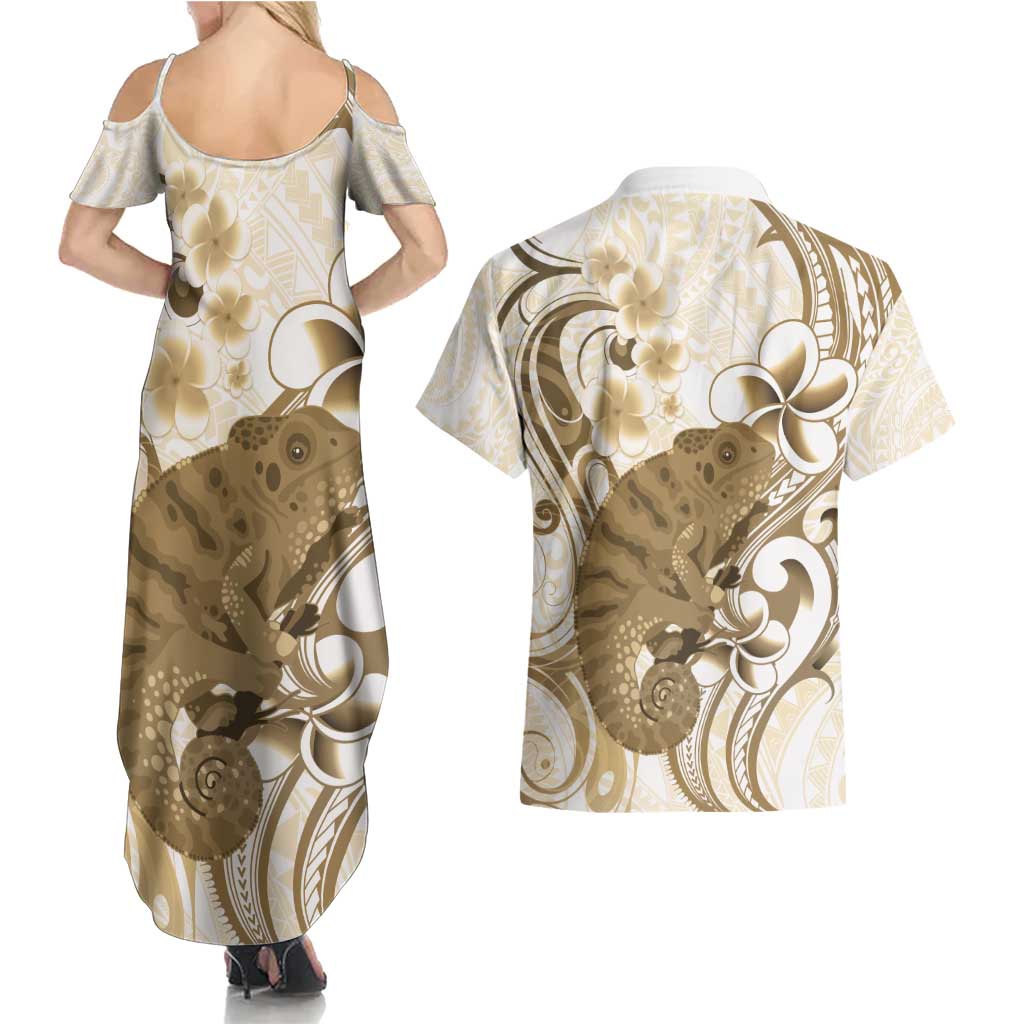 Brown And White Hawaii Chameleon Couples Matching Summer Maxi Dress and Hawaiian Shirt Plumeria Polynesian Tribal Art LT14 - Polynesian Pride