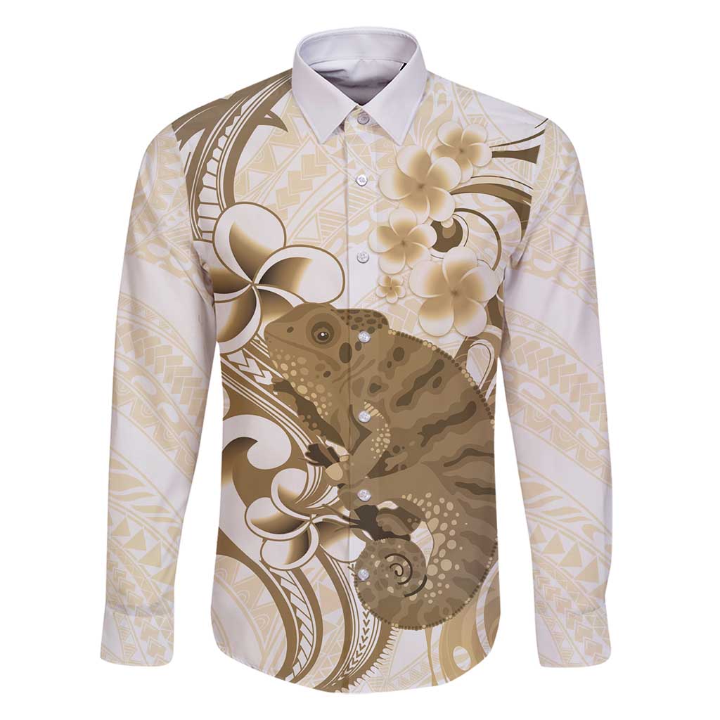 Brown And White Hawaii Chameleon Family Matching Long Sleeve Bodycon Dress and Hawaiian Shirt Plumeria Polynesian Tribal Art LT14 Dad's Shirt - Long Sleeve Brown - Polynesian Pride