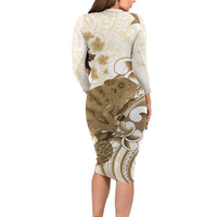 Brown And White Hawaii Chameleon Family Matching Long Sleeve Bodycon Dress and Hawaiian Shirt Plumeria Polynesian Tribal Art LT14 - Polynesian Pride