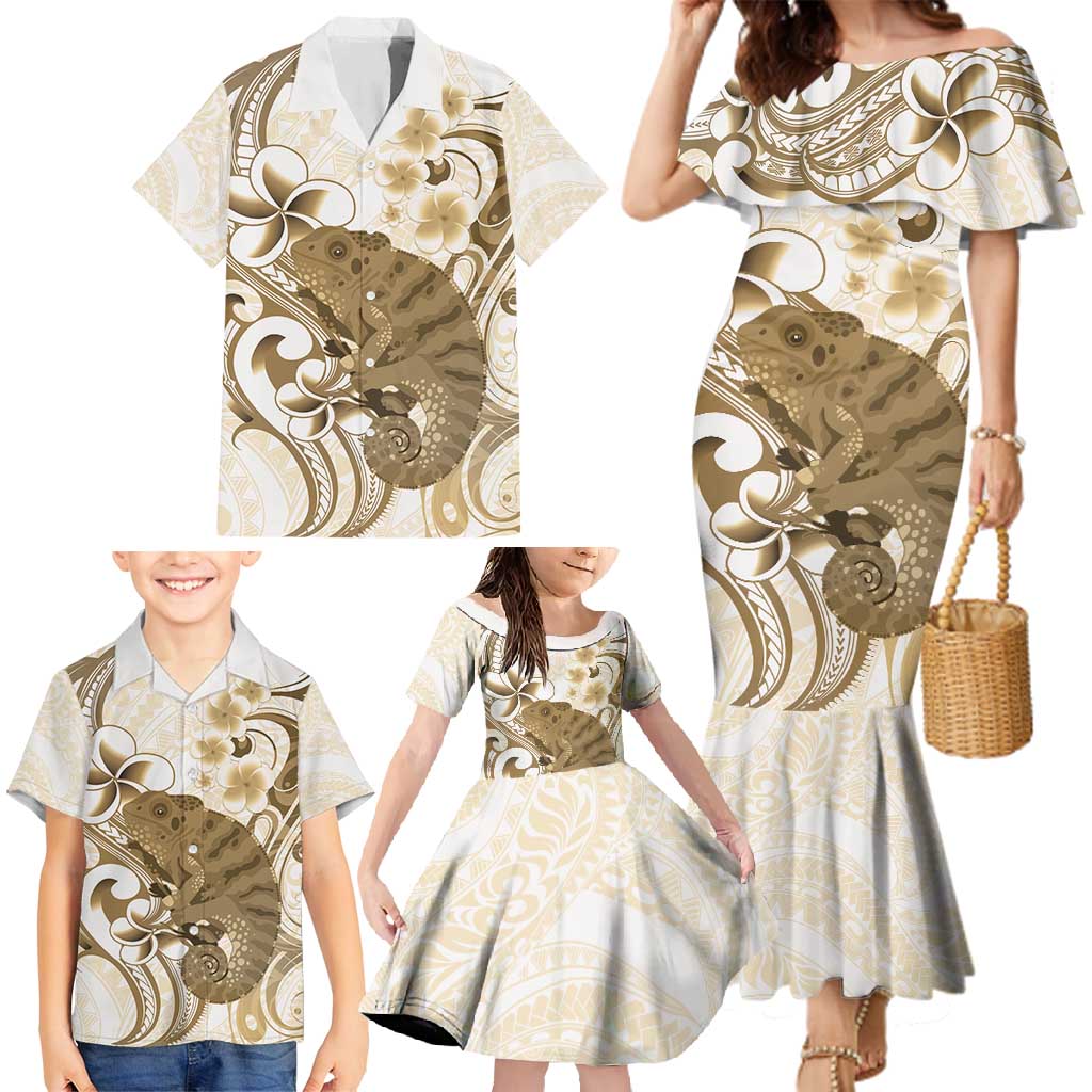 Brown And White Hawaii Chameleon Family Matching Mermaid Dress and Hawaiian Shirt Plumeria Polynesian Tribal Art