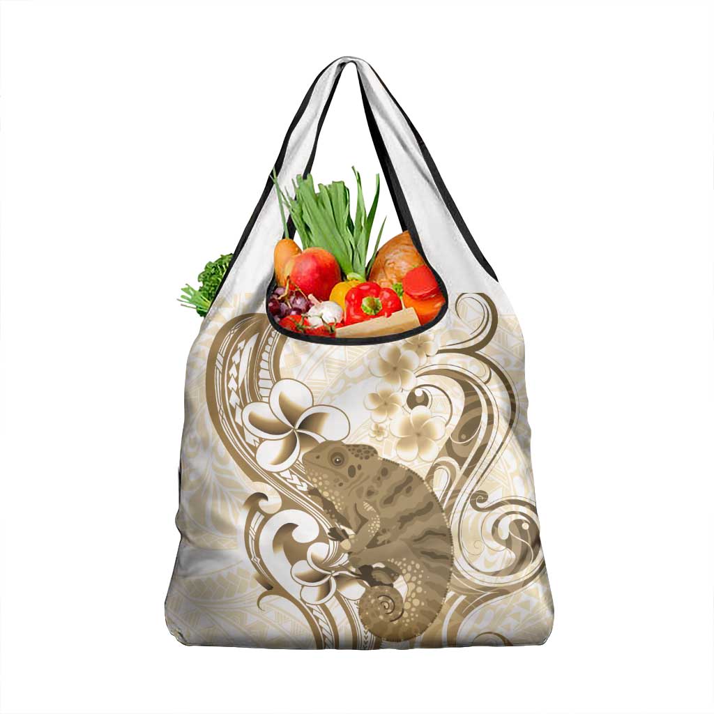 Brown And White Hawaii Chameleon Grocery Bag Plumeria Polynesian Tribal Art