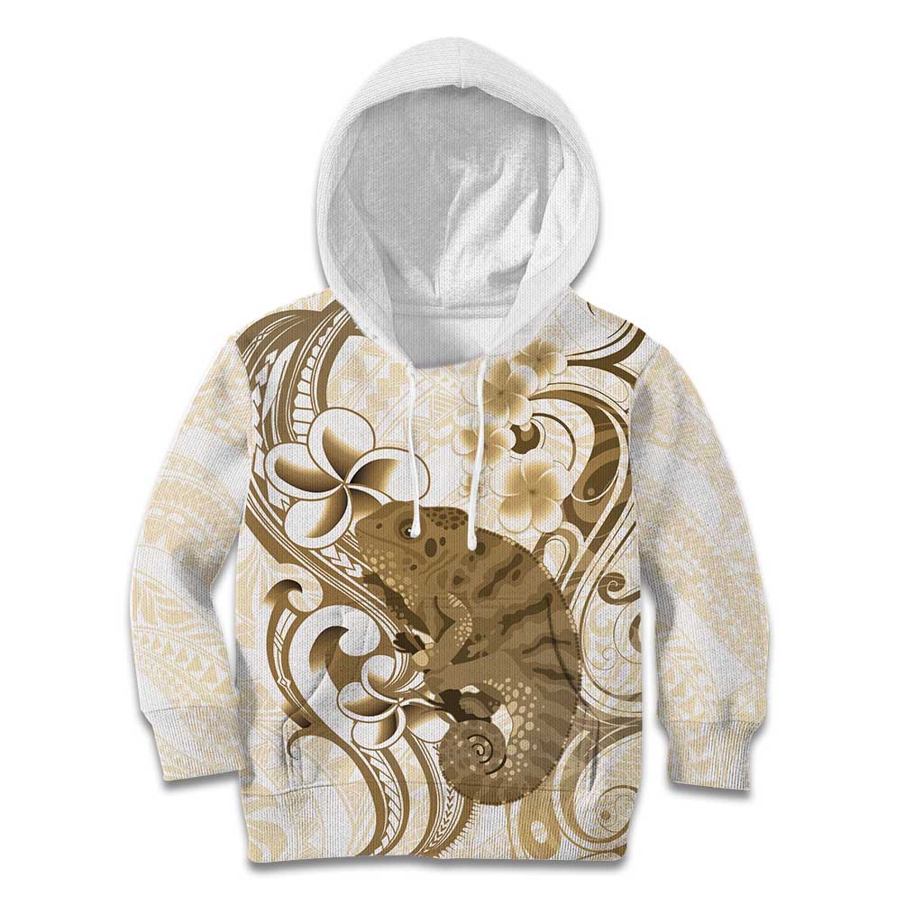 Brown And White Hawaii Chameleon Kid Hoodie Plumeria Polynesian Tribal Art