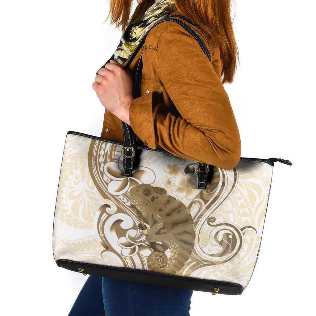 Brown And White Hawaii Chameleon Leather Tote Bag Plumeria Polynesian Tribal Art