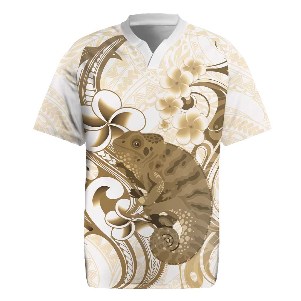 Brown And White Hawaii Chameleon Rugby Jersey Plumeria Polynesian Tribal Art