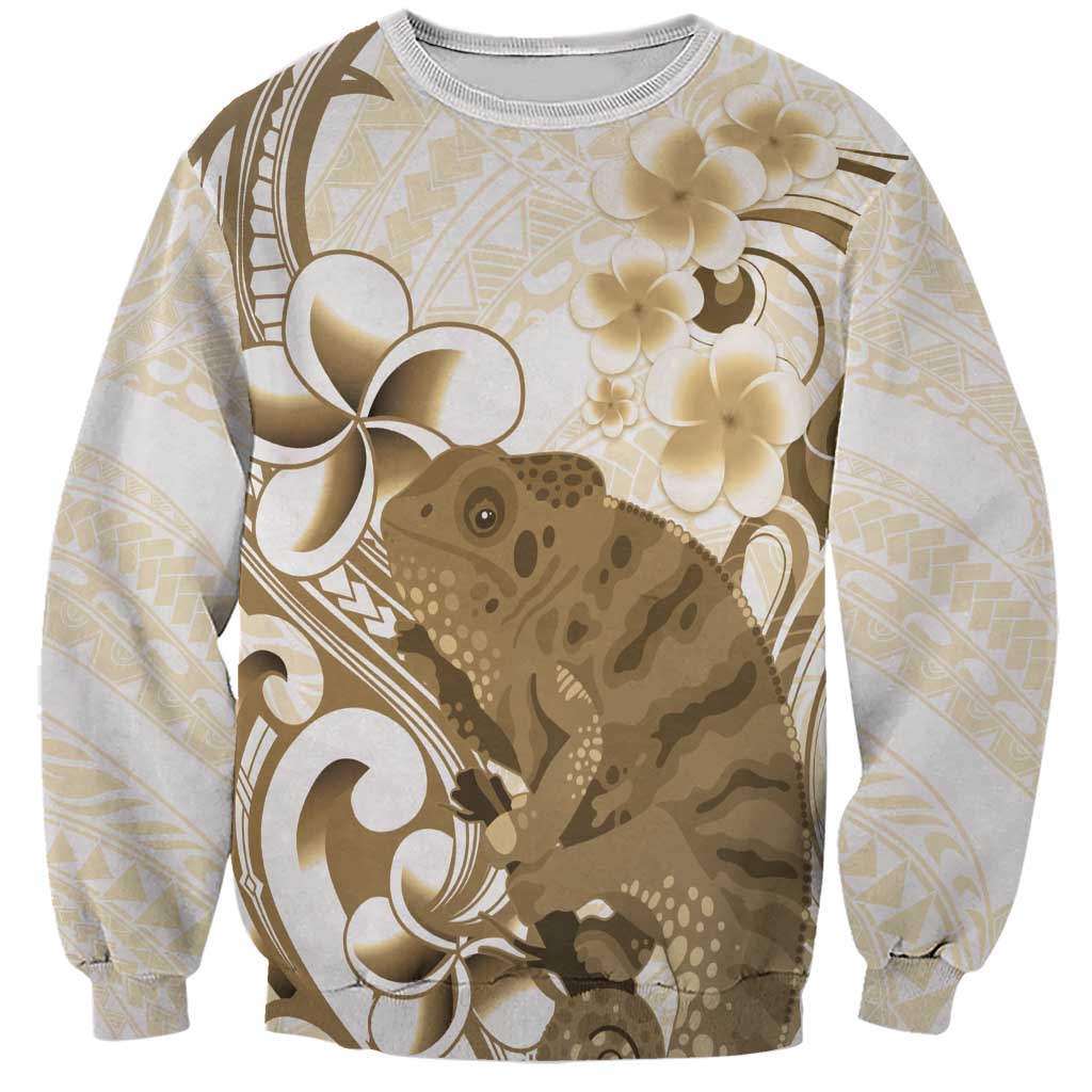 Brown And White Hawaii Chameleon Sweatshirt Plumeria Polynesian Tribal Art