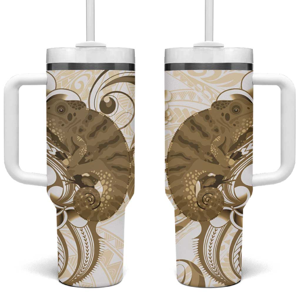 Brown And White Hawaii Chameleon Tumbler With Handle Plumeria Polynesian Tribal Art