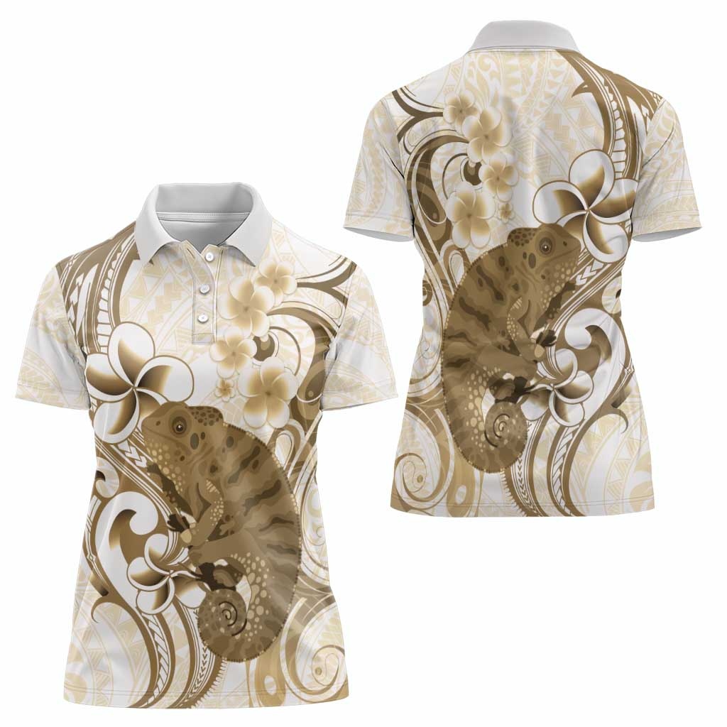Brown And White Hawaii Chameleon Women Polo Shirt Plumeria Polynesian Tribal Art