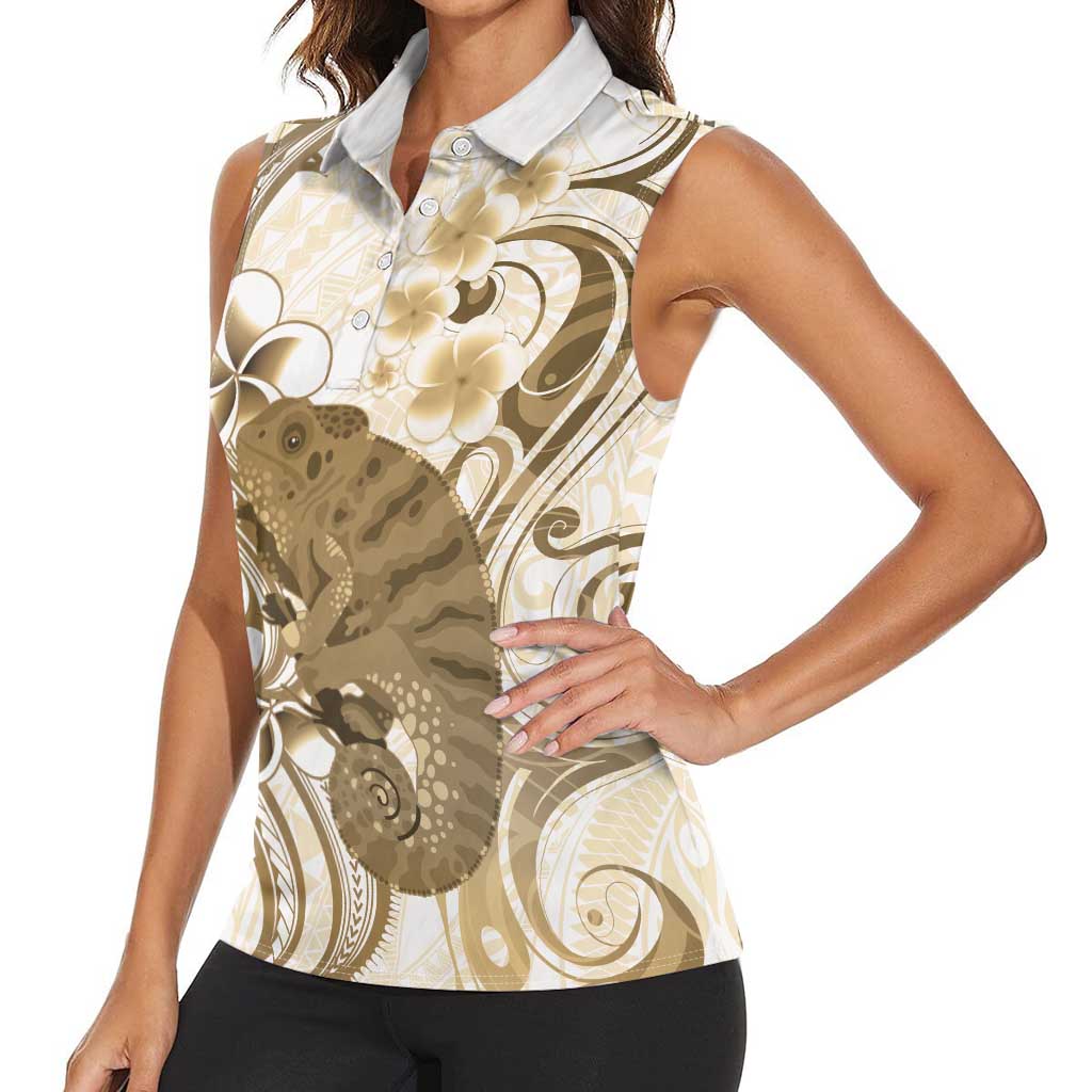 Brown And White Hawaii Chameleon Women Sleeveless Polo Shirt Plumeria Polynesian Tribal Art