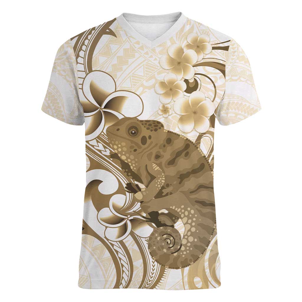 Brown And White Hawaii Chameleon Women V-Neck T-Shirt Plumeria Polynesian Tribal Art