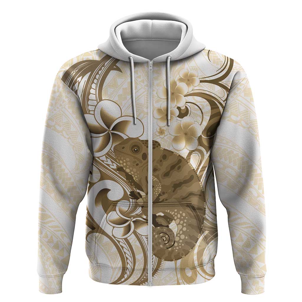 Brown And White Hawaii Chameleon Zip Hoodie Plumeria Polynesian Tribal Art