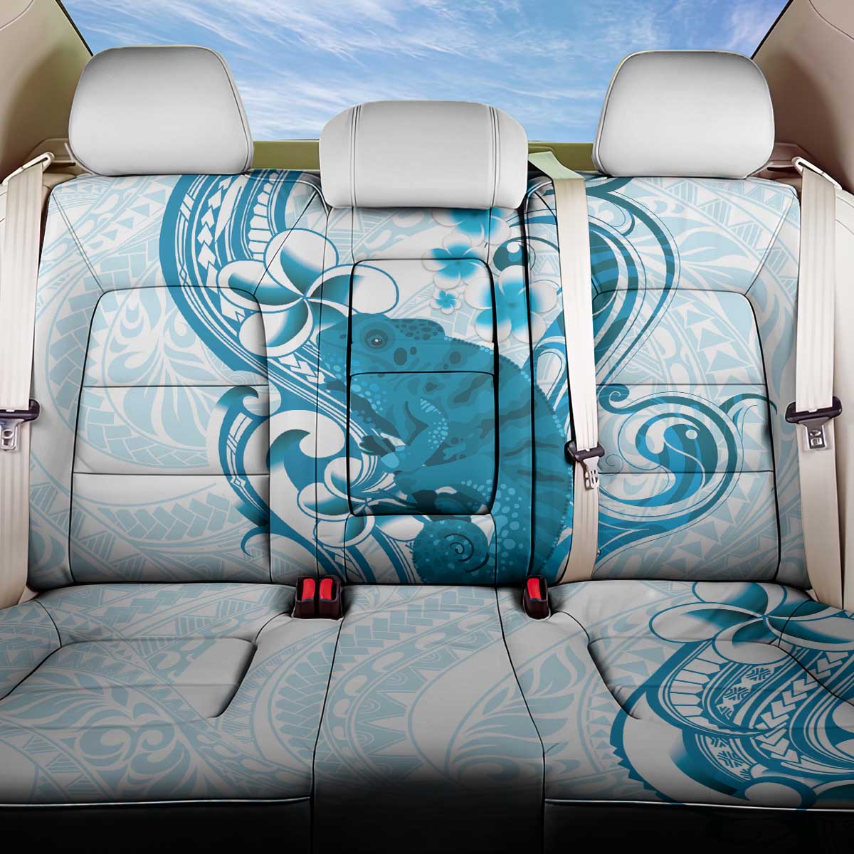 Cyan And White Hawaii Chameleon Back Car Seat Cover Plumeria Polynesian Tribal Art